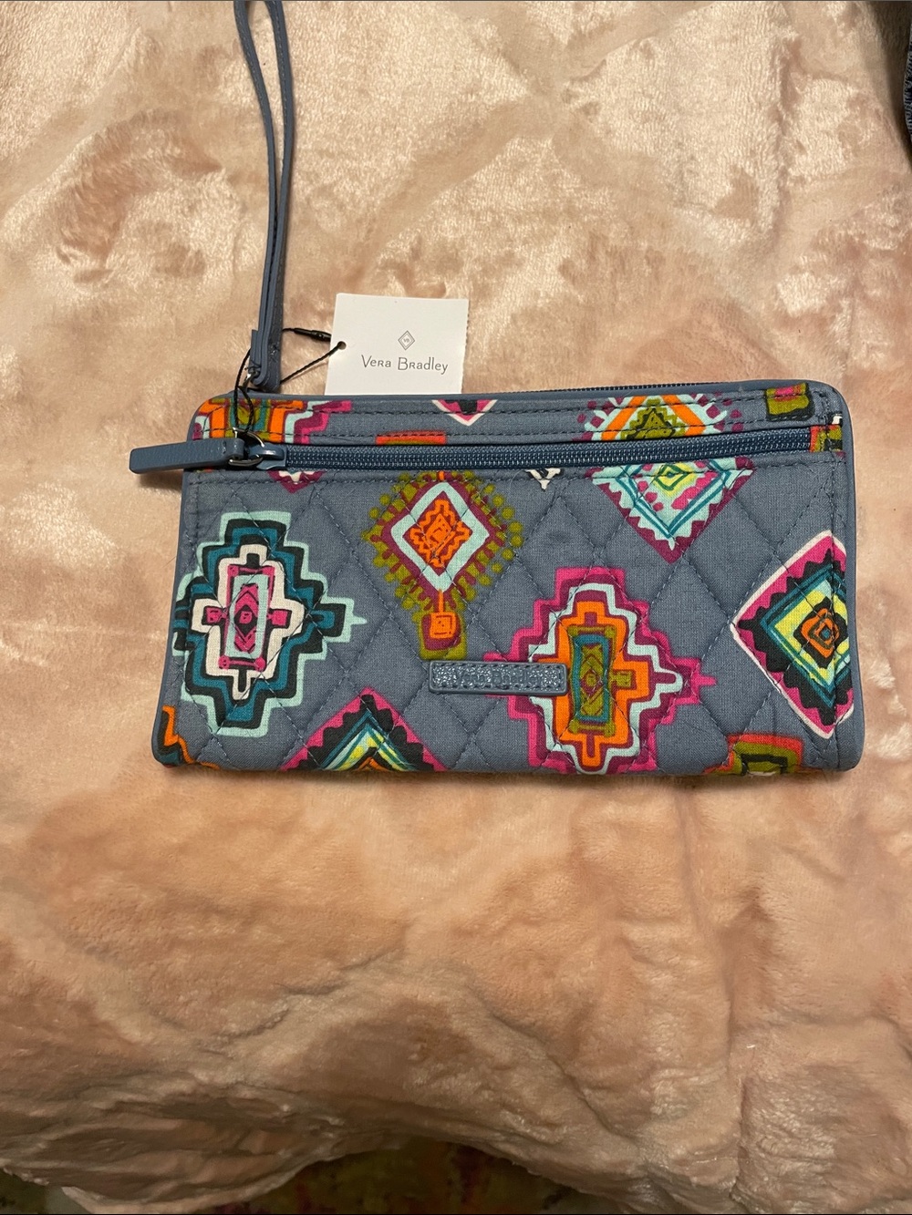 Vera Bradley Quilted Gray Wristlet with Multicolor Geo Motif
